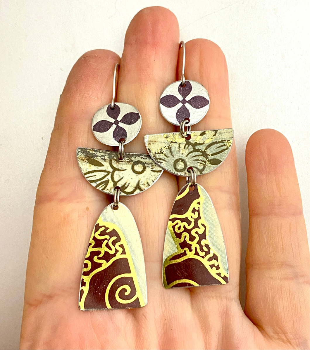 Golds & Rosewood Patterned Angels Tin Earrings