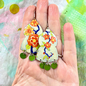 Vintage Orange Flowers Temple Drop Tin Earrings