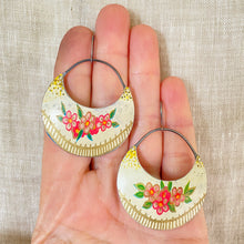 Load image into Gallery viewer, Pink Posies on Cream Crescent Circles Tin Earrings