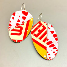 Load image into Gallery viewer, Typographic Reds Patchwork Tin Seedpod Earrings