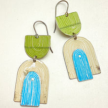 Load image into Gallery viewer, Etched Arch Apple, Sky &amp; Cream Tin Earrings