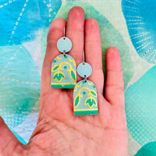 Load image into Gallery viewer, Pale Aqua Botanicals Wide Arch Upcycled Tin Earrings