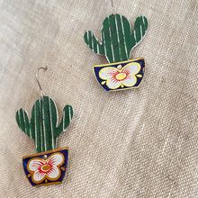 Load image into Gallery viewer, Li’l Potted Dark Green Striped Cactus Tin Earrings