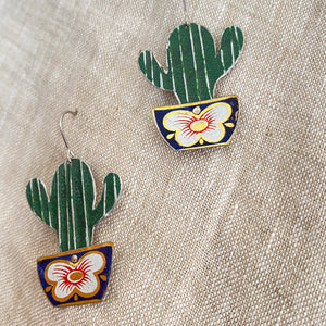 Li’l Potted Dark Green Striped Cactus Tin Earrings