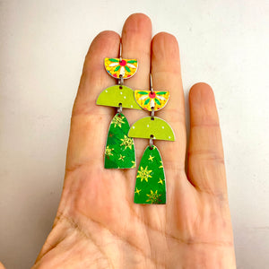 Mixed Greens Patterned Angels Tin Earrings