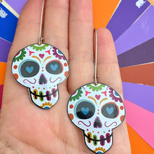 Load image into Gallery viewer, Heart Eyed Sugar Skulls Tin Earrings