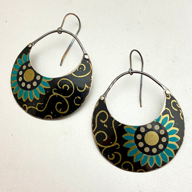 Vintage Stylized Blue Flower Crescent Circles Tin Earrings