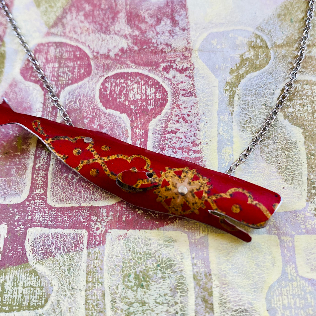 Vintage Scarlet & Gold Whale Upcycled Tin Necklace