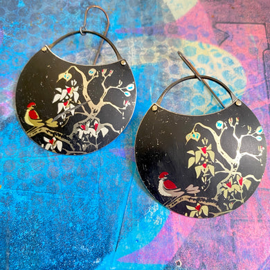 Red Winged Birds Circle Tin Earrings