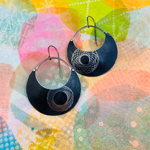 Load image into Gallery viewer, Matte Midnight Spirograph Crescent Circles Tin Earrings