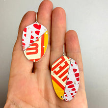 Load image into Gallery viewer, Typographic Reds Patchwork Tin Seedpod Earrings