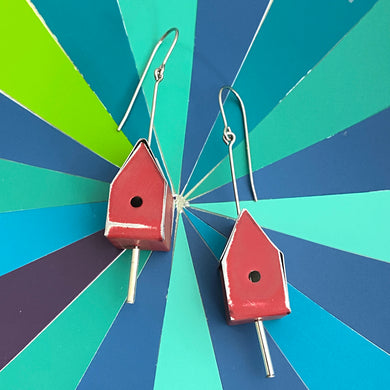 Matte Red Tiny Tin Birdhouse Earrings
