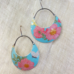 Pink Flowers on Turquoise Crescent Circles Tin Earrings