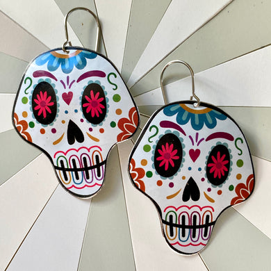 Round Jawed Sugar Skulls Tin Earrings