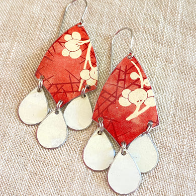 Plum Blossoms on Rose Madder Tin Chandelier Earrings