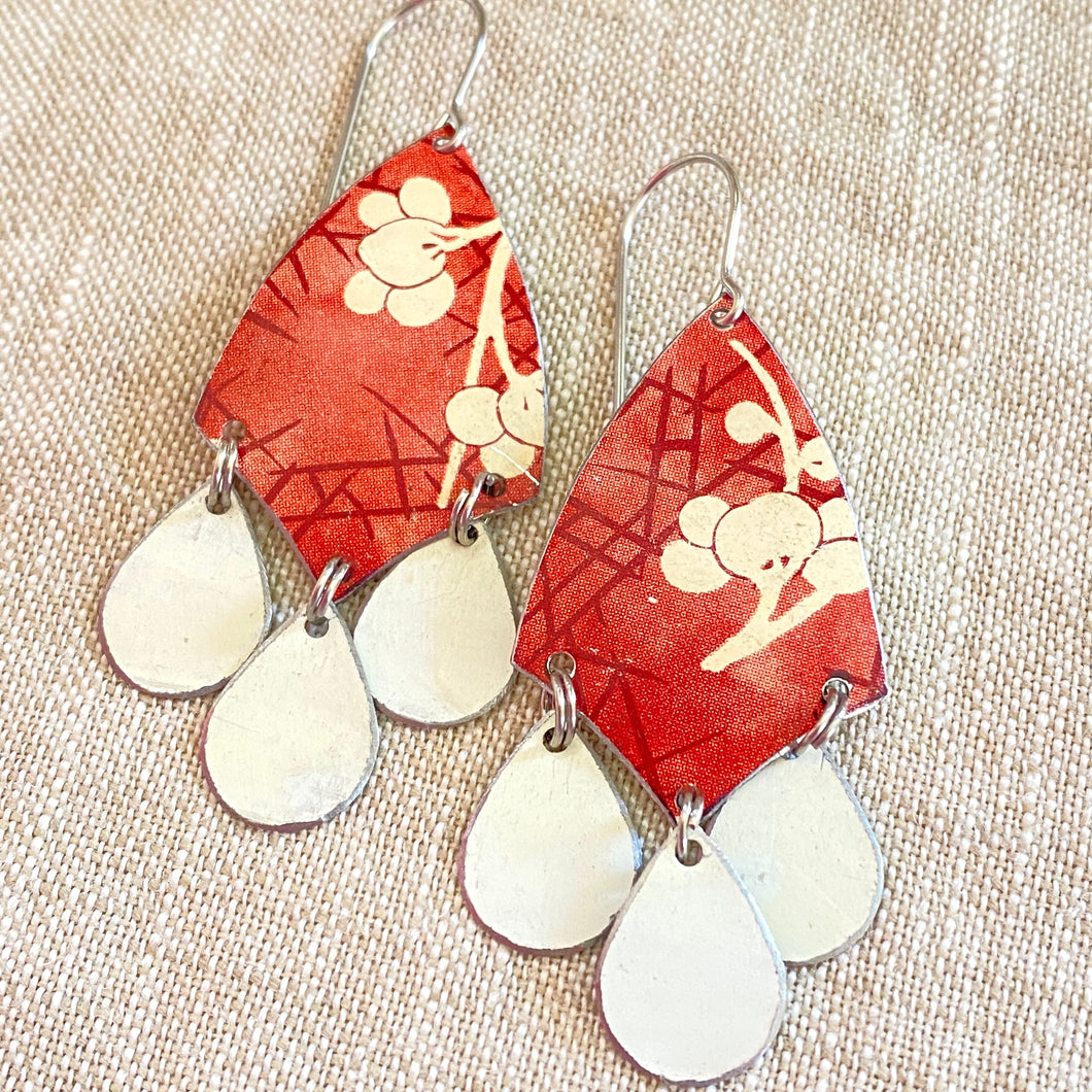 Plum Blossoms on Rose Madder Tin Chandelier Earrings