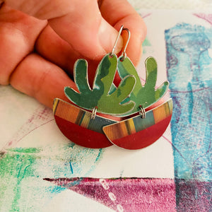 Mod Succulents in Striped Pots Upcycled Tin Earrings