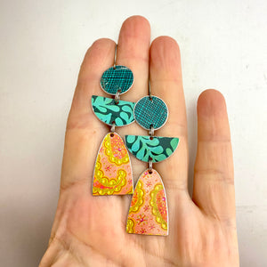 Turquoise & Coral Patterned Angels Tin Earrings