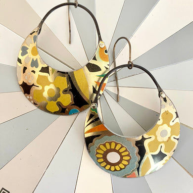 Allover Stylized Flowers Crescent Tin Earrings
