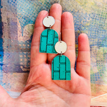 Load image into Gallery viewer, Teal Subway Tile Wide Arch Upcycled Tin Earrings
