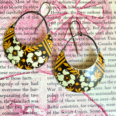 Creamy Blossoms on Mustard Crescent Circle Tin Earrings