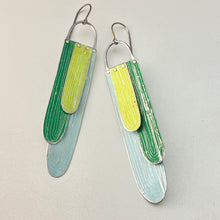 Load image into Gallery viewer, Paint Pour Spring Green, Pale Sky &amp; Grass Green Tin Earrings