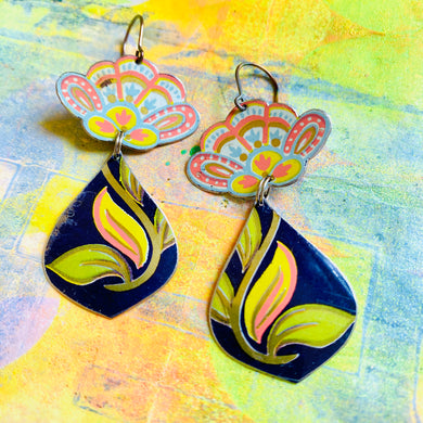 Vintage Folk Flowers TearDrop Tin Earrings