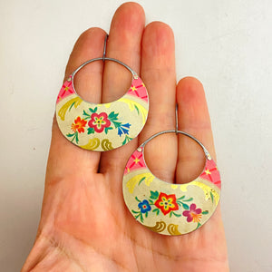 Vintage Flowers Crescent Circles Tin Earrings