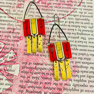 Scarlet and Gold Rectdangles Tin Earrings