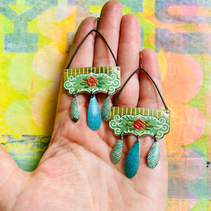 Red Roses Chandelier Tin Earrings