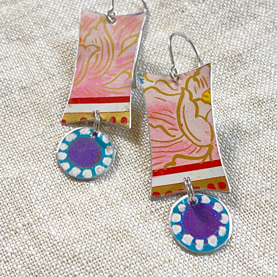 Pale Pink Flowers Mod Rectangle Earrings