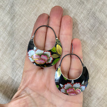 Load image into Gallery viewer, Peony on Midnight Crescent Circles Tin Earrings