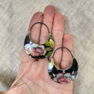 Peony on Midnight Crescent Circles Tin Earrings