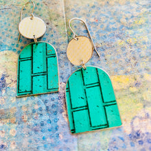 Load image into Gallery viewer, Teal Subway Tile Wide Arch Upcycled Tin Earrings