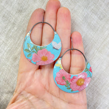 Load image into Gallery viewer, Pink Flowers on Turquoise Crescent Circles Tin Earrings
