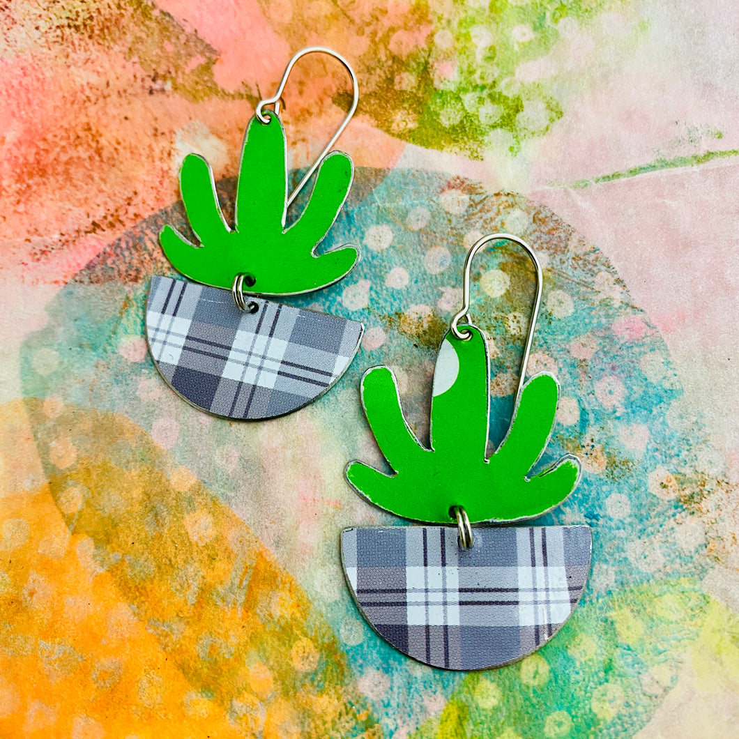 Succulents in Gray Plaid Pots Tin Earrings