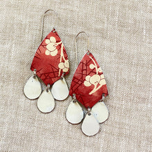 Load image into Gallery viewer, Plum Blossoms on Rose Madder Tin Chandelier Earrings