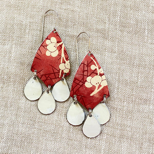 Plum Blossoms on Rose Madder Tin Chandelier Earrings