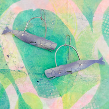Load image into Gallery viewer, Happy Denim Sperm Whales Upcycled Tin Earrings