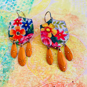 Flowery Chandelier Tin Earrings