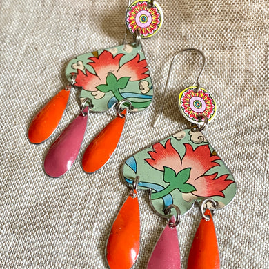 Big Pink Flowers Trefoil Chandelier Earrings