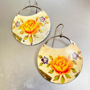 Vintage Yellow Rose Circle Tin Earrings