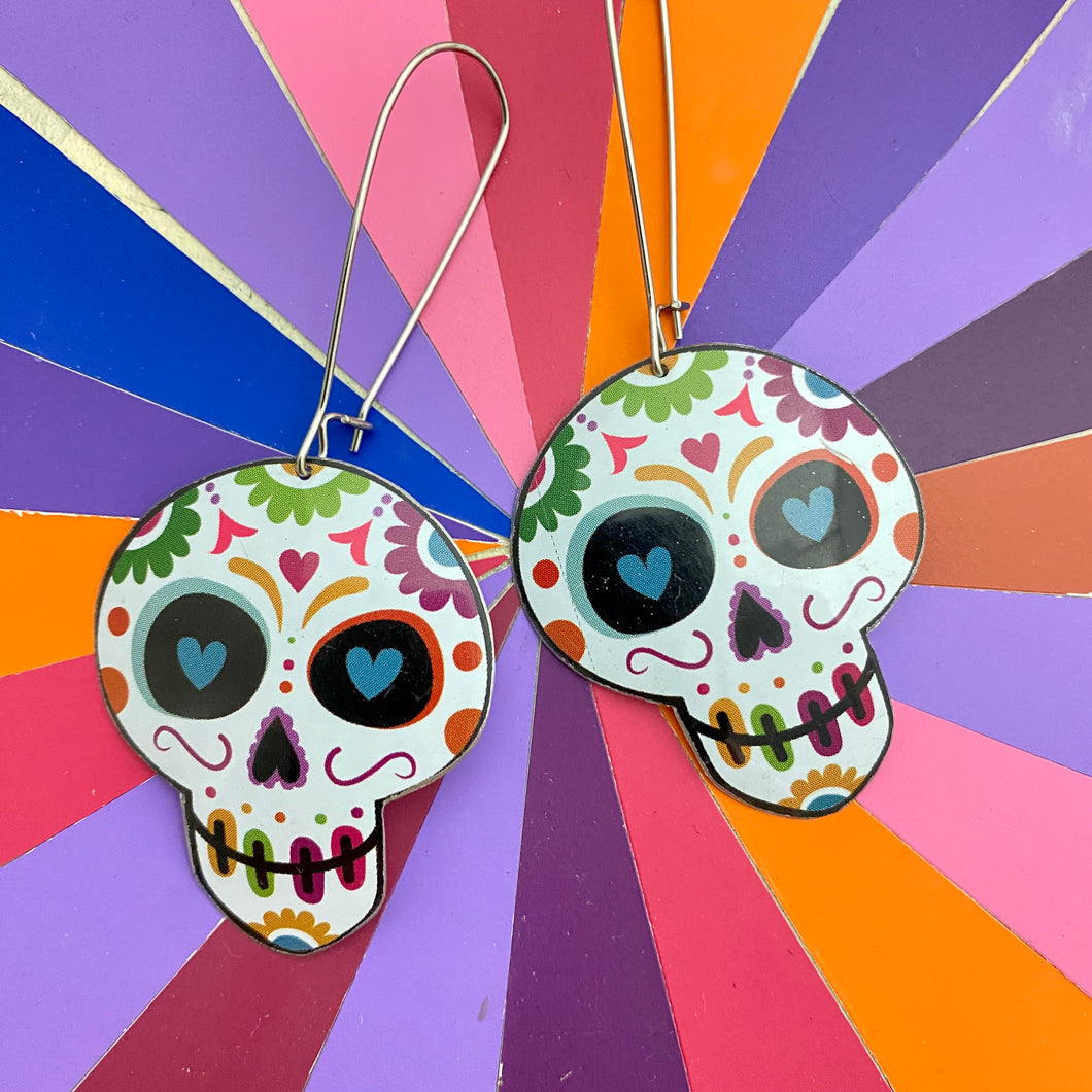 Heart Eyed Sugar Skulls Tin Earrings