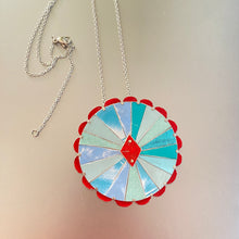 Load image into Gallery viewer, Aqua &amp; Scarlet Rave Mandala Tin Necklace or Brooch