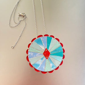 Aqua & Scarlet Rave Mandala Tin Necklace or Brooch