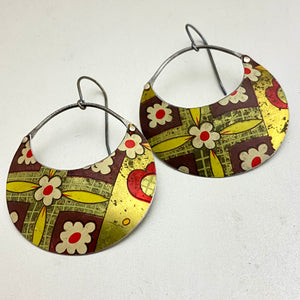 Vintage Golden Patterned Crescent Circles Tin Earrings