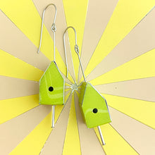 Load image into Gallery viewer, Chartreuse Tiny Tin Birdhouse Earrings