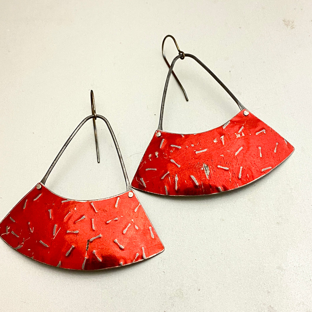 Shimmery Scarlet Confetti Wide Fan Tin Earrings