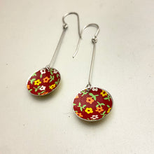 Load image into Gallery viewer, Tiny Flowers on Madder Long Basin Tin Earrings