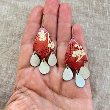 Load image into Gallery viewer, Plum Blossoms on Rose Madder Tin Chandelier Earrings